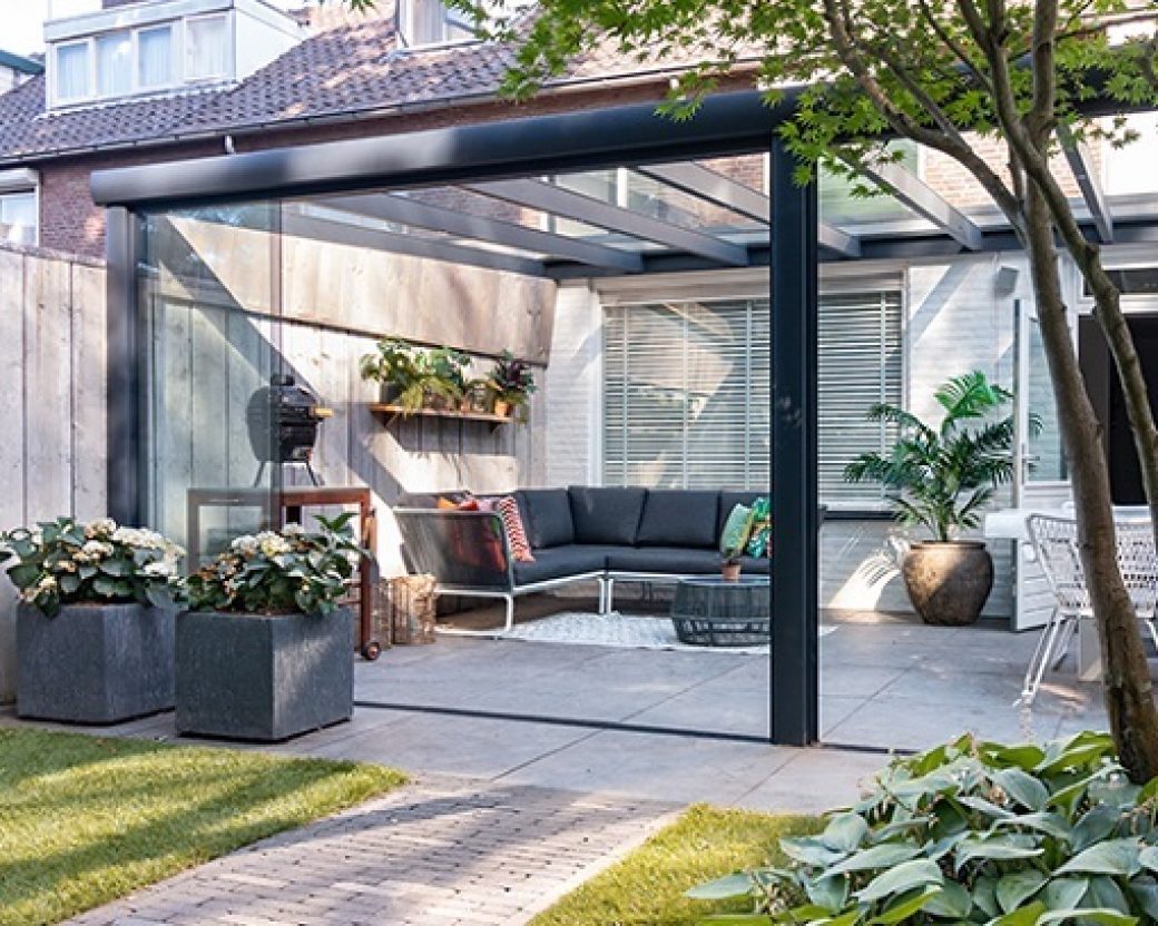 Overkapping terrasoverkapping zonwering buiten Pergola bioclimatique Terrasoverkapping V908 Ledro Antracietstructuur resize